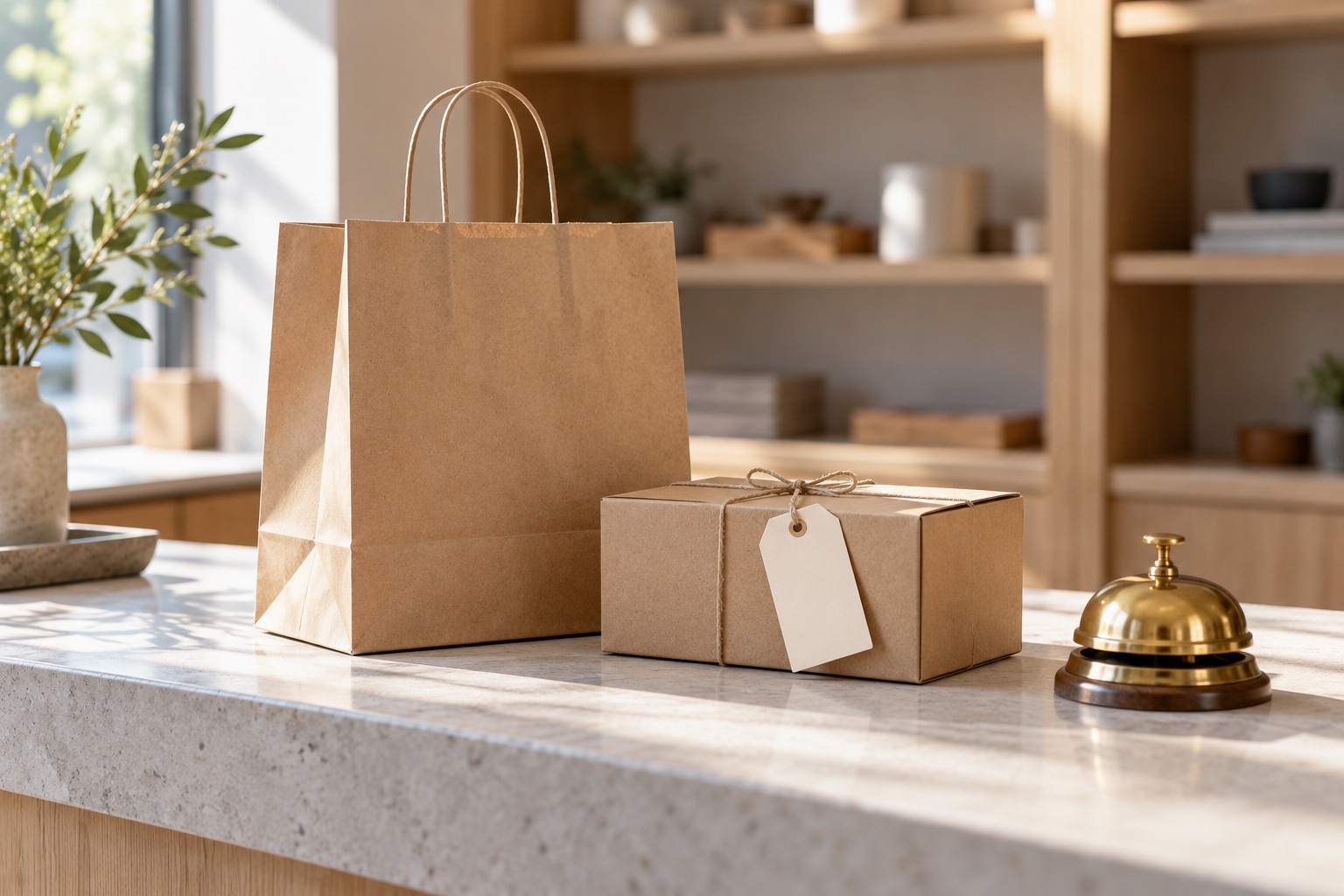 Symbolbild: Unbedruckte Papiertüte und kleines Paket mit leerem Anhänger neben einer Messingglocke auf einer Ladentheke