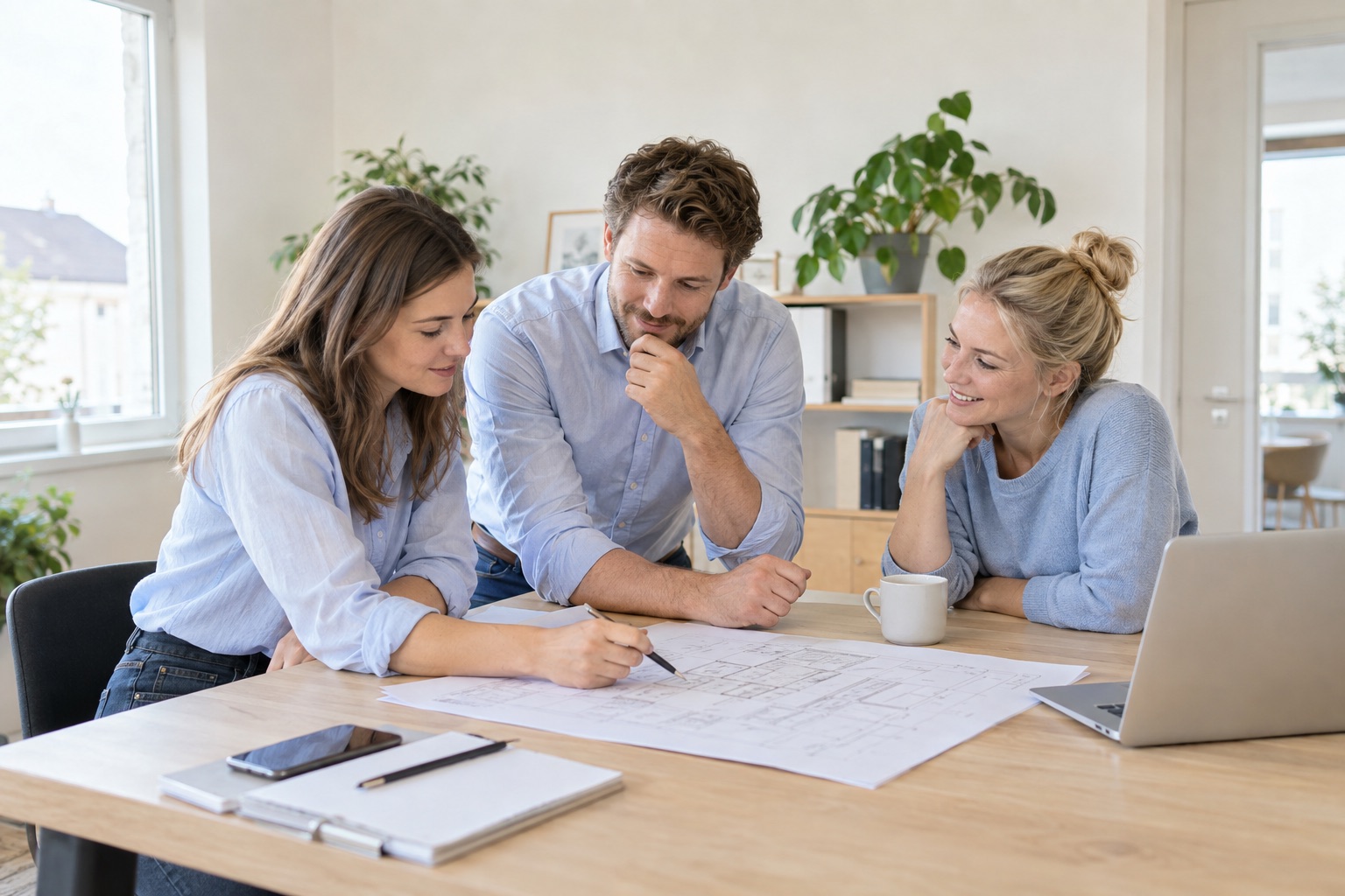 Ein Team bespricht einen Plan in einem hellen Büro