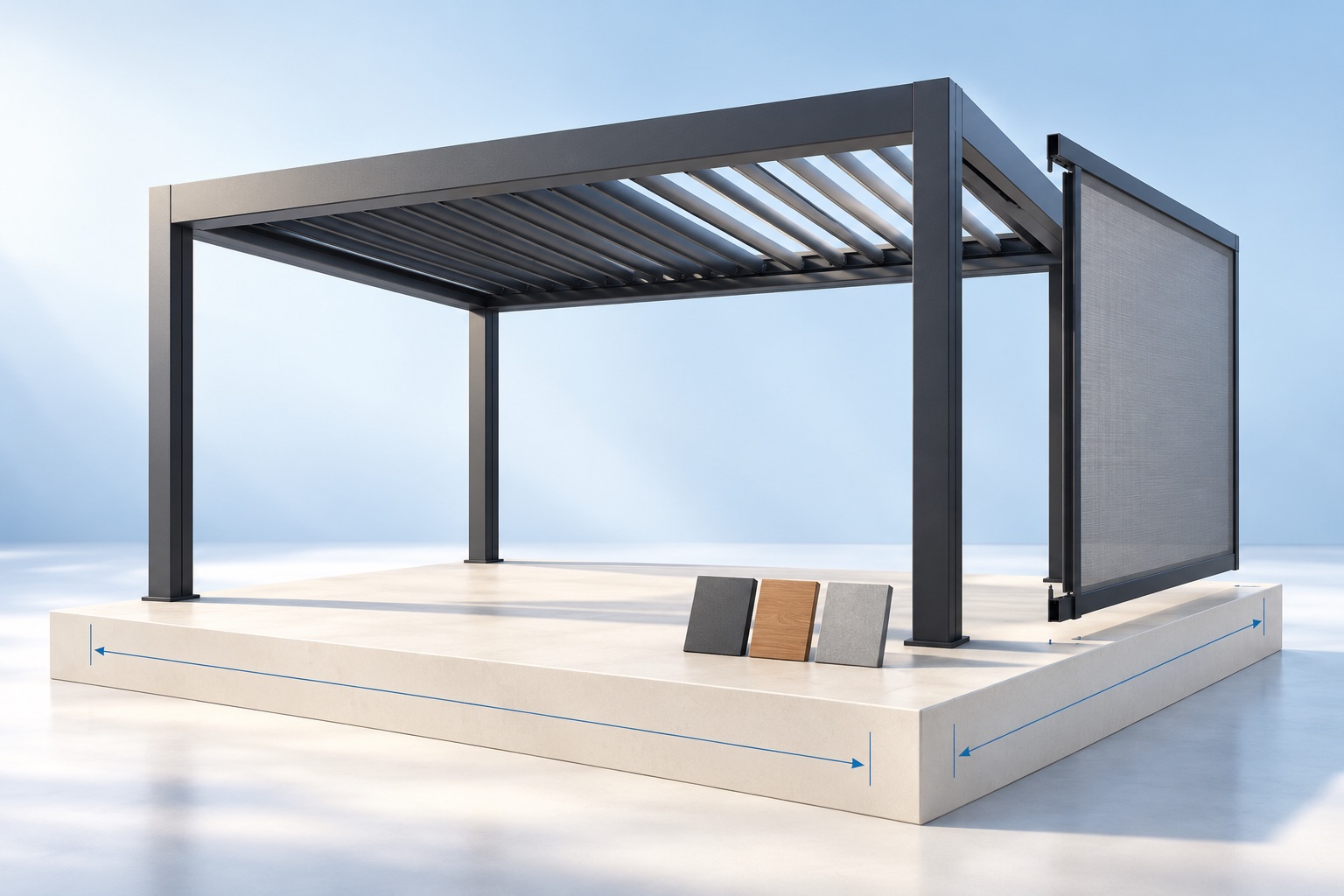 Symbolbild: Konzeptionelles 3D-Modell einer Pergola mit Lamellendach, separatem Seitenscreen und Materialmustern