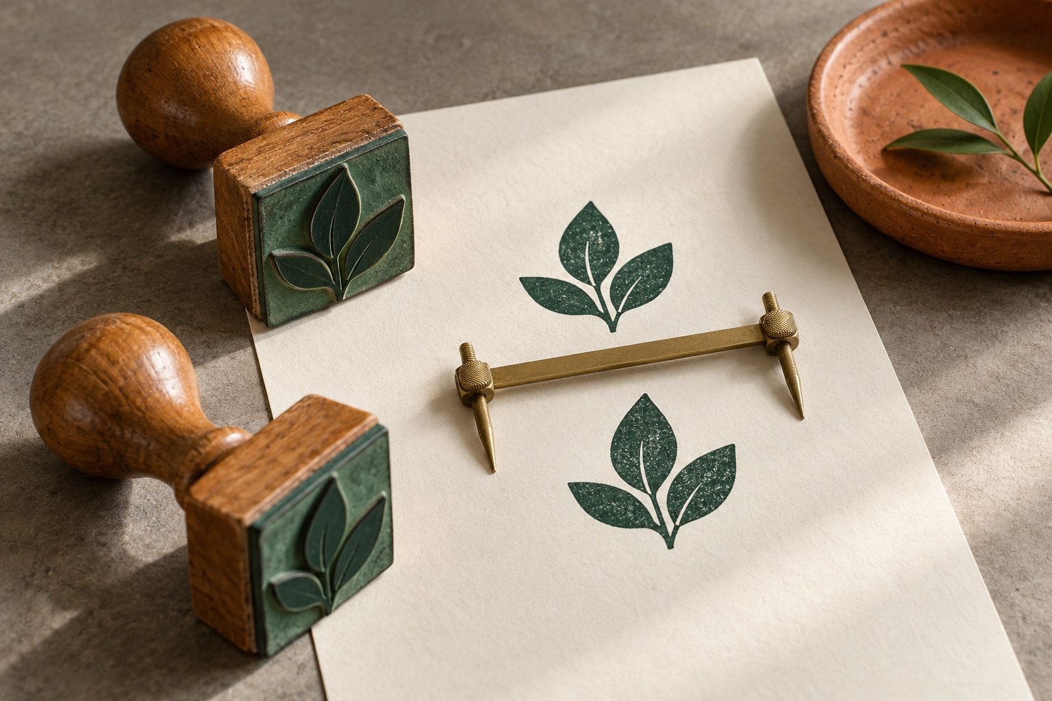 Symbolbild: Zwei Holzstempel mit gleichen Blattabdrücken auf Papier und einem Messingzirkel zum Vergleich