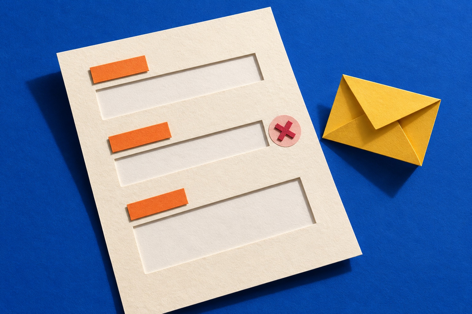 Symbolbild: Papierformular mit orangefarbenen Beschriftungsfeldern, Korrekturzeichen und gelbem Briefumschlag