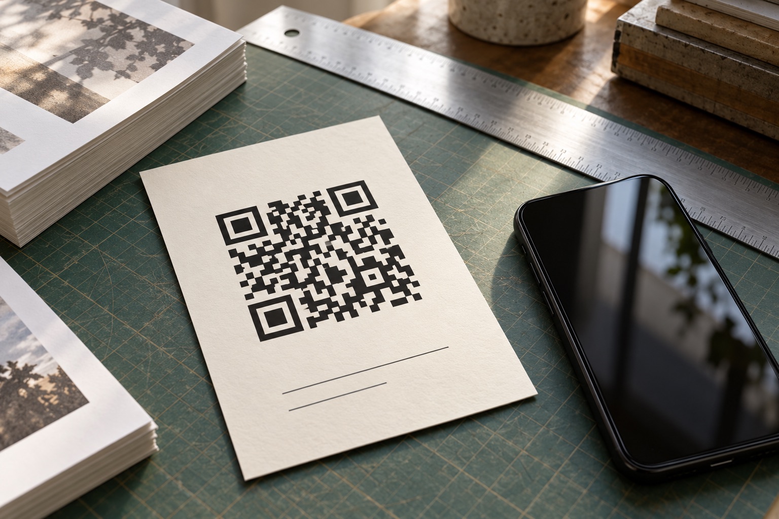 Symbolbild: Gedruckter Flyer mit QR-Muster neben Smartphone und Lineal auf einer Schneidematte