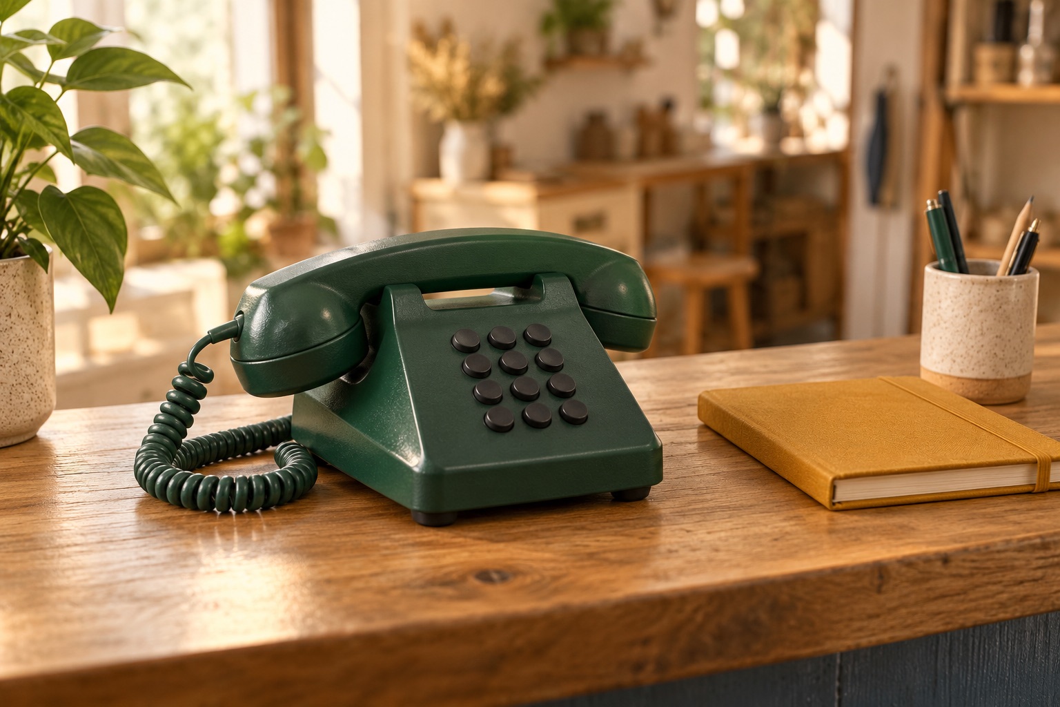 Symbolbild: Grünes Tischtelefon mit Spiralkabel neben einem ockerfarbenen Notizbuch auf einer Holztheke