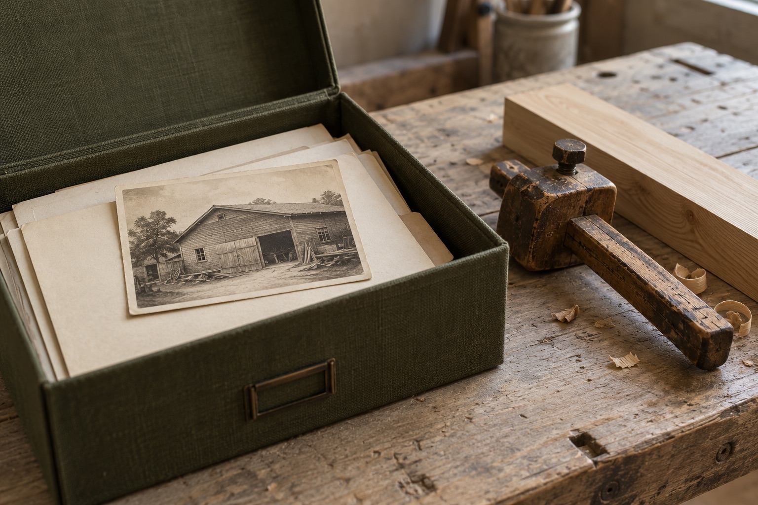 Symbolbild: Fiktive Archivbox mit Werkstattfoto, Unterlagen und altem Holzwerkzeug neben einem neuen Holzstück