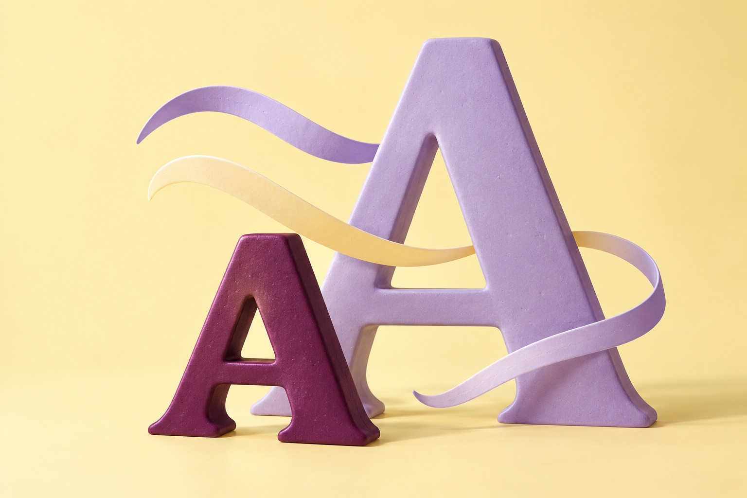 Symbolbild: Zwei unterschiedlich große violette Buchstaben A mit geschwungenen Bändern auf hellgelbem Grund